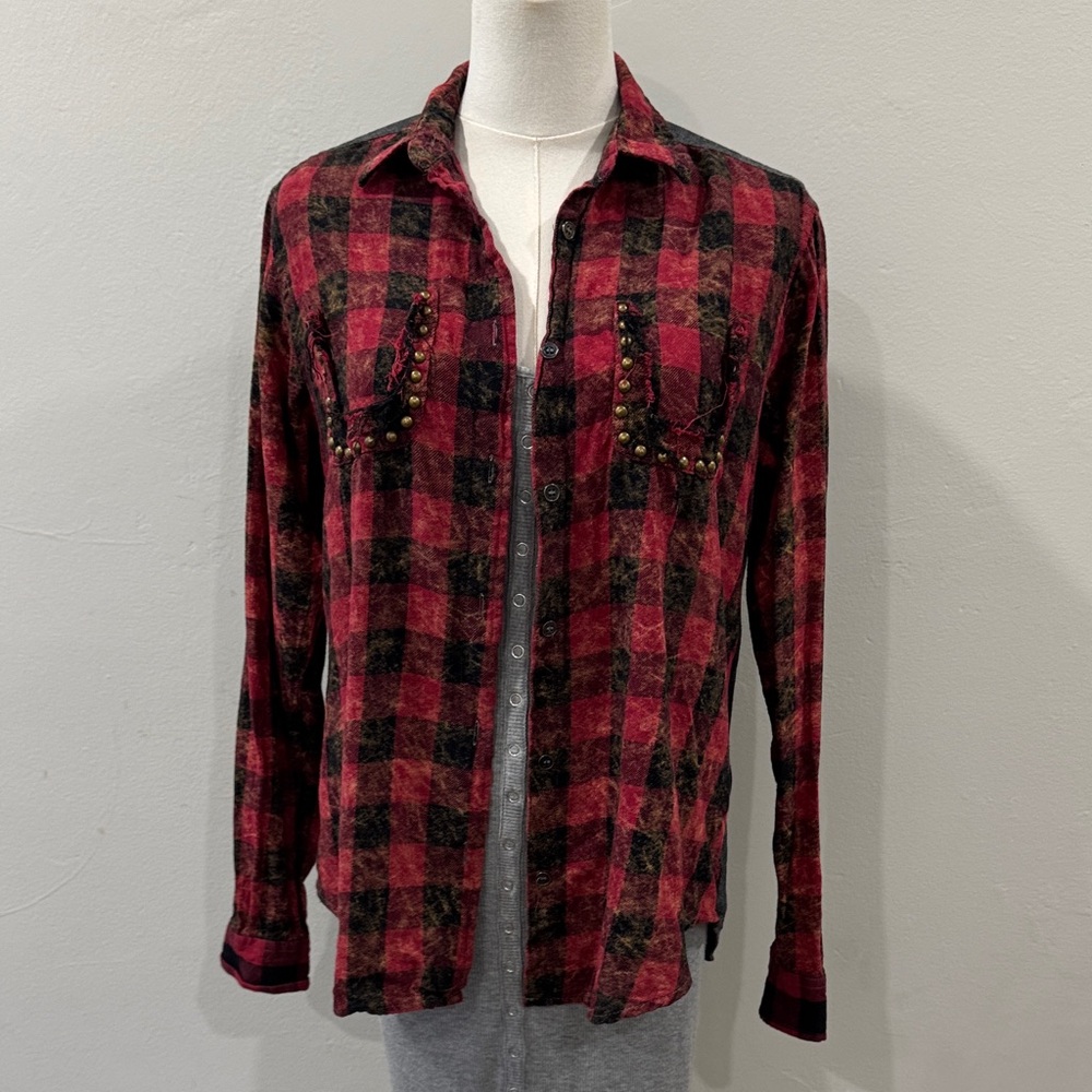 Kill City Red & Black Plaid Flannel + Denim Shirt – Size M